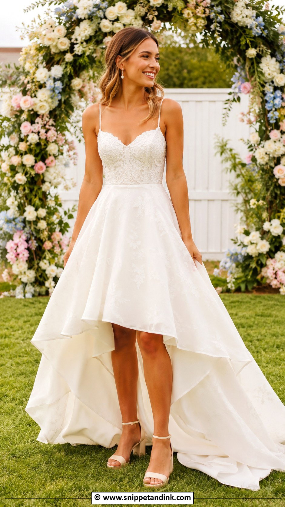 High Low Wedding Dress With Block Heel Sandals - Snippet and Ink - 30 Backyard Wedding Dress Ideas