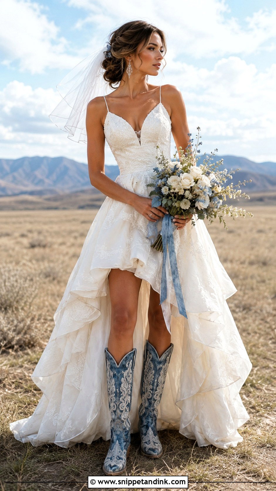 High Low Wedding Dress With Embroidered Cowgirl Boots - Snippet and Ink - 20 Cowgirl Boots Wedding Dress Ideas