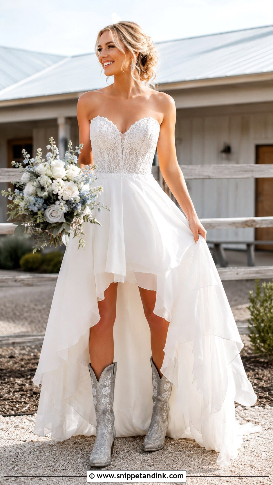 High Low Wedding Dress With Silver Cowboy Boots - Snippet and Ink - 20 Bride Cowboy Boots Ideas
