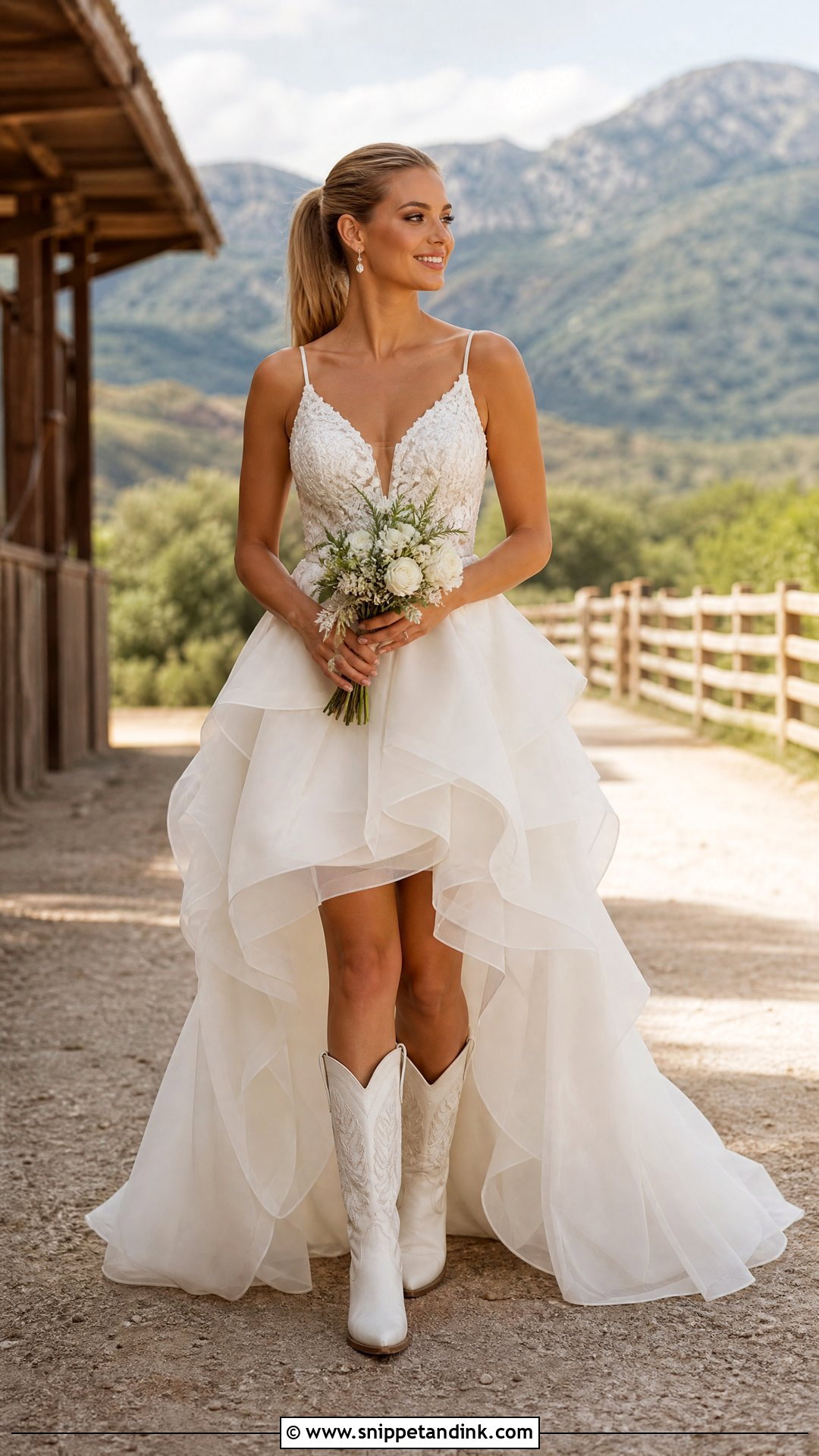 High Low Western Wedding Dress With Statement Cowboy Boots - Snippet and Ink - 20 Western Wedding Dresses with Boots