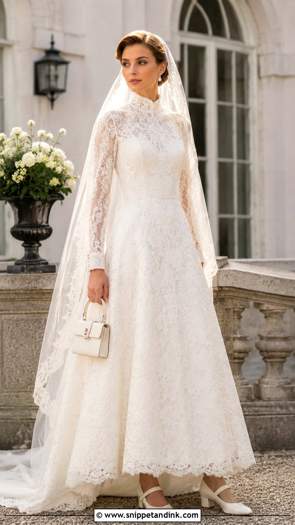High Neck A Line Wedding Dress With Vintage Veil - Snippet and Ink - 20 A Shape Wedding Dress Ideas