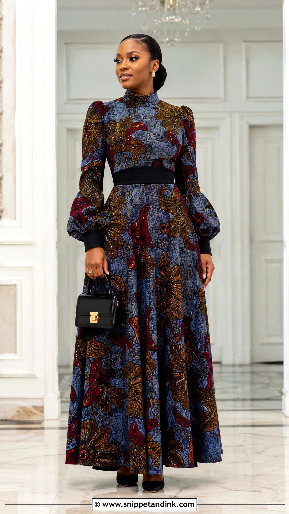 High Neck Ankara Flared Long Sleeve Gown - Snippet and Ink - 20 Ankara Fled Gown Ideas