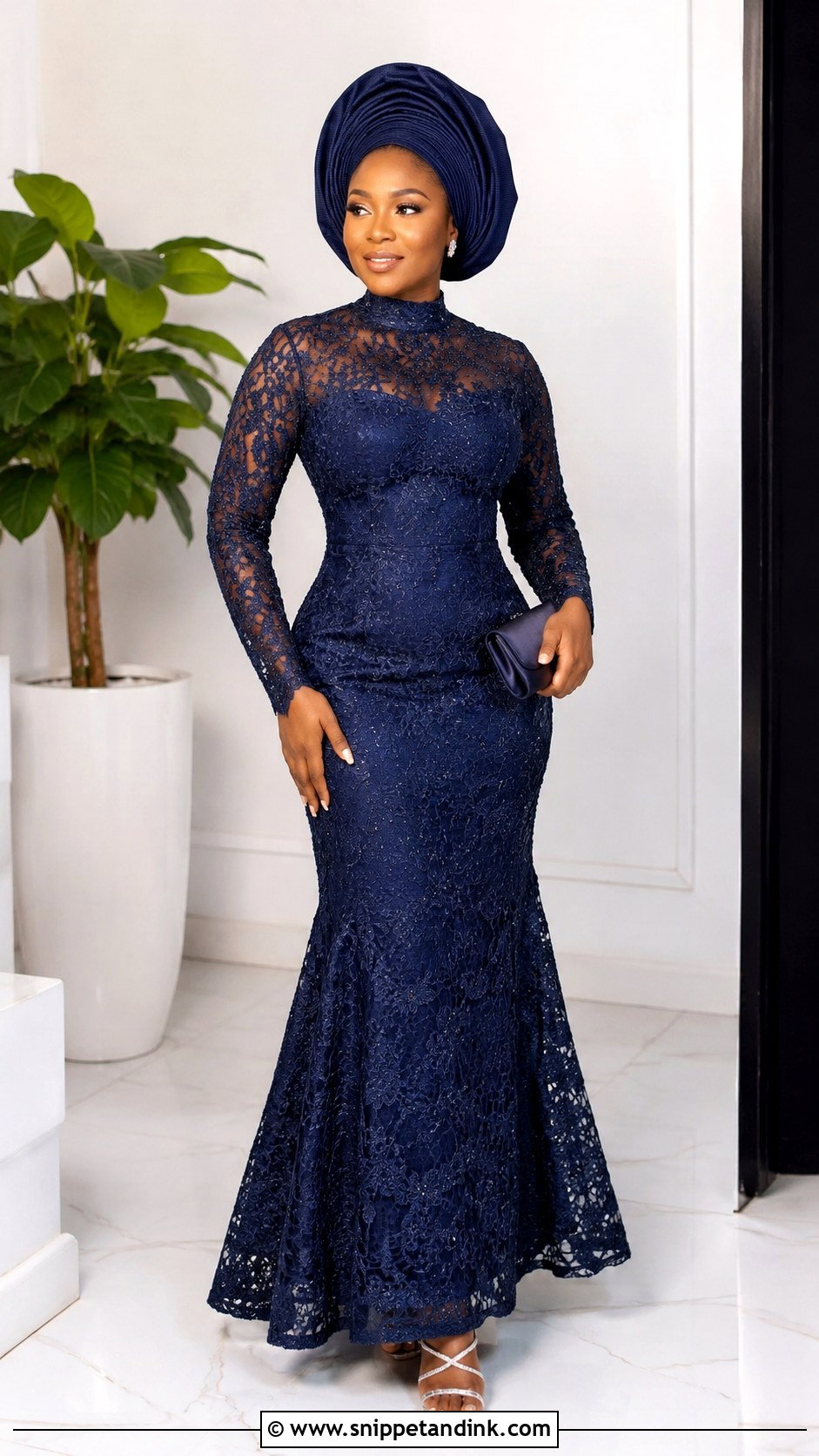 High Neck Aso Ebi Lace Gown - Snippet and Ink - 25 Simple Aso Ebi Lace Gown Styles