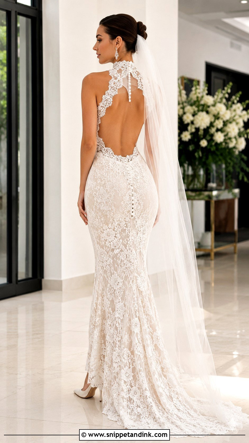 High Neck Backless Lace Wedding Dress - Snippet and Ink - 20 Backless Lace Wedding Dress Ideas