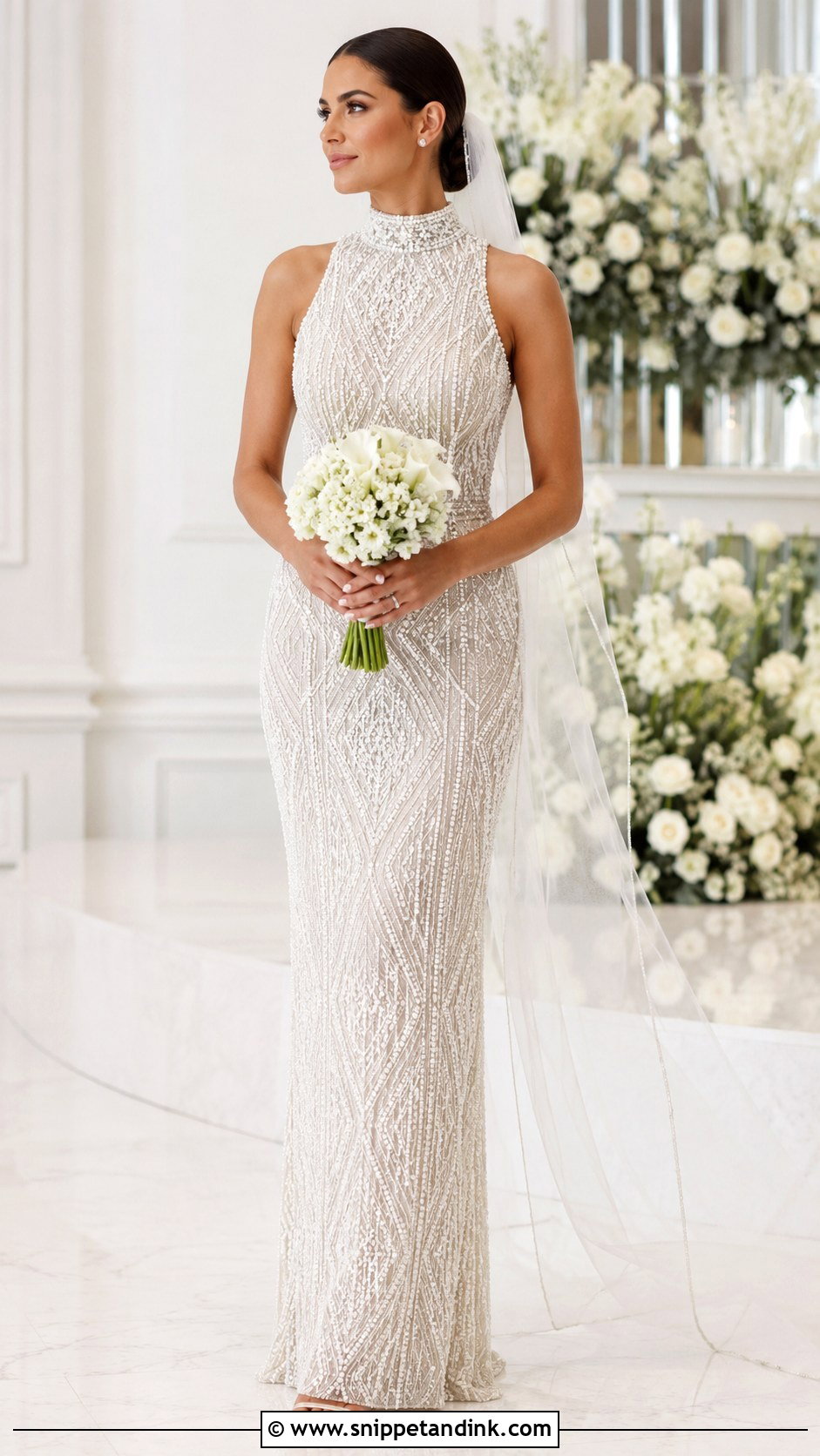 High Neck Beaded Column Bridal Dress - Snippet and Ink - 20 High Neck Bridal Dress Ideas