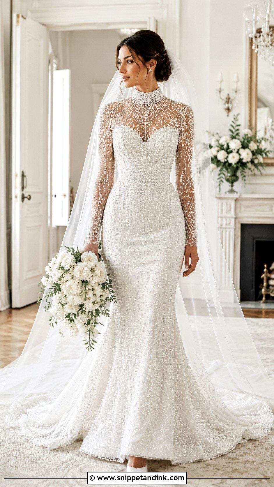 High Neck Beaded Wedding Dress With Chapel Train - Snippet and Ink - 20 Long Sleeve Beaded Wedding Dress Ideas
