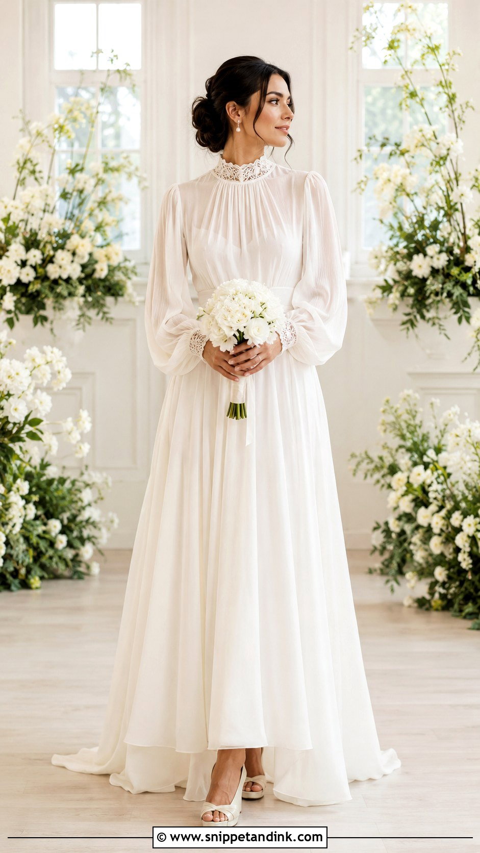 High Neck Bishop Sleeve Wedding Dress - Snippet and Ink - 20 70s Inspired Wedding Dress Ideas