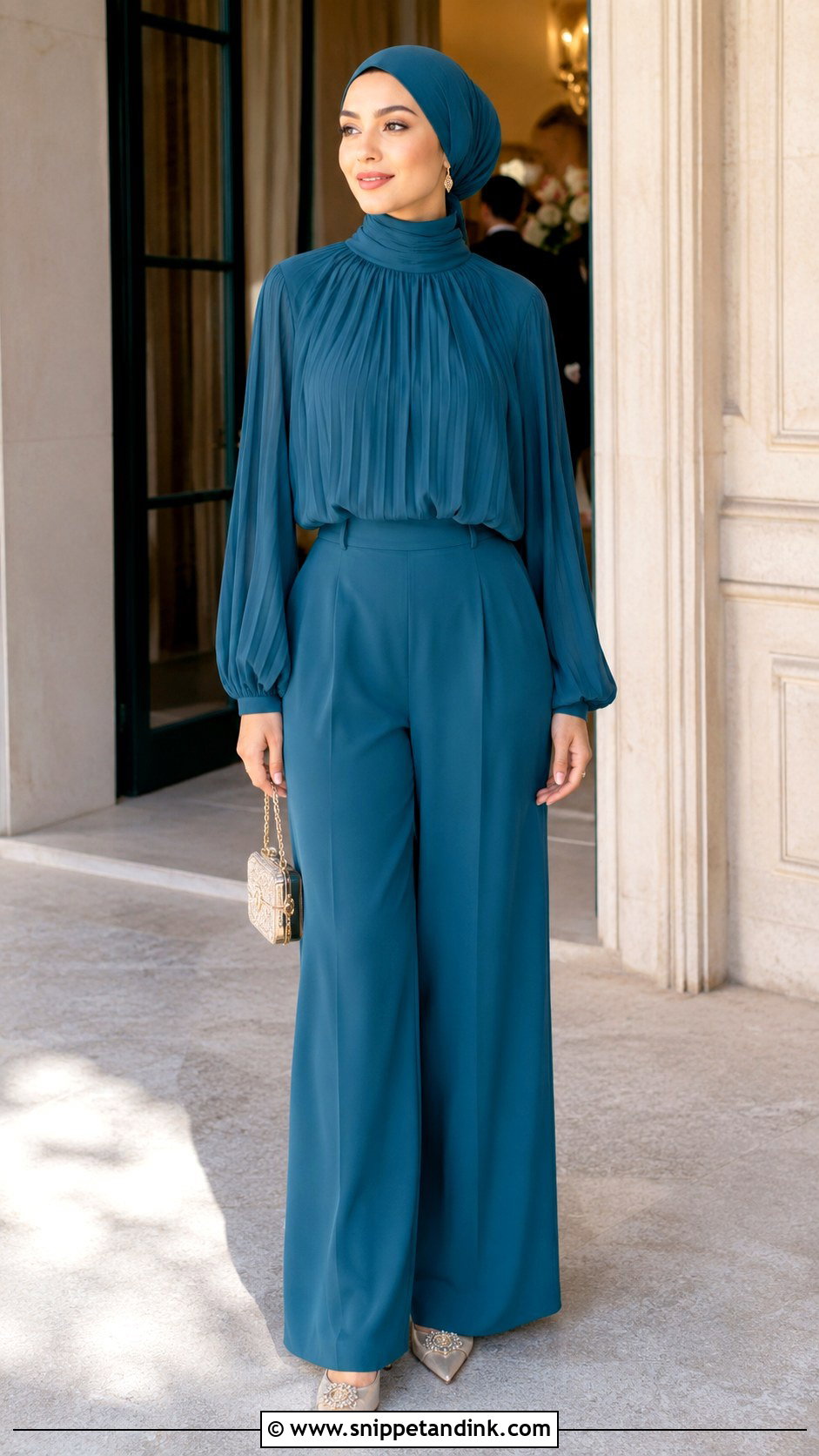 High Neck Blouse With Flowing Pants Wedding Outfit - Snippet and Ink - 20 Blouse and Pants Wedding Outfit Ideas