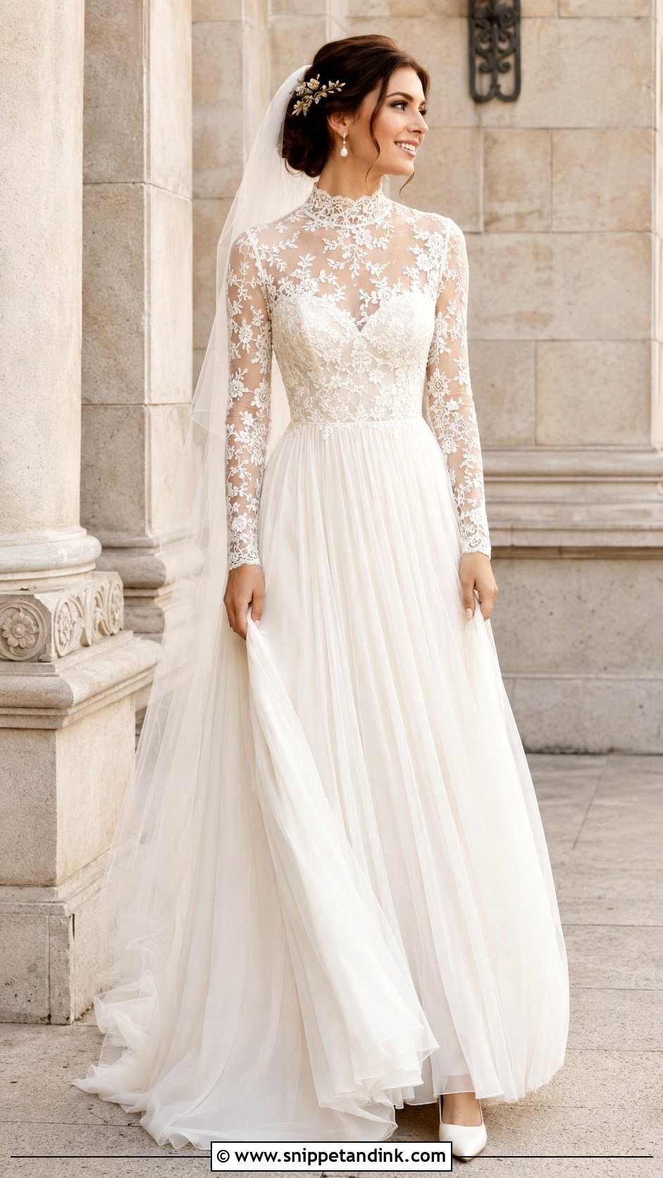 High Neck Boho Long Sleeve Wedding Dress - Snippet and Ink - 20 Boho Long Sleeve Wedding Dress Ideas