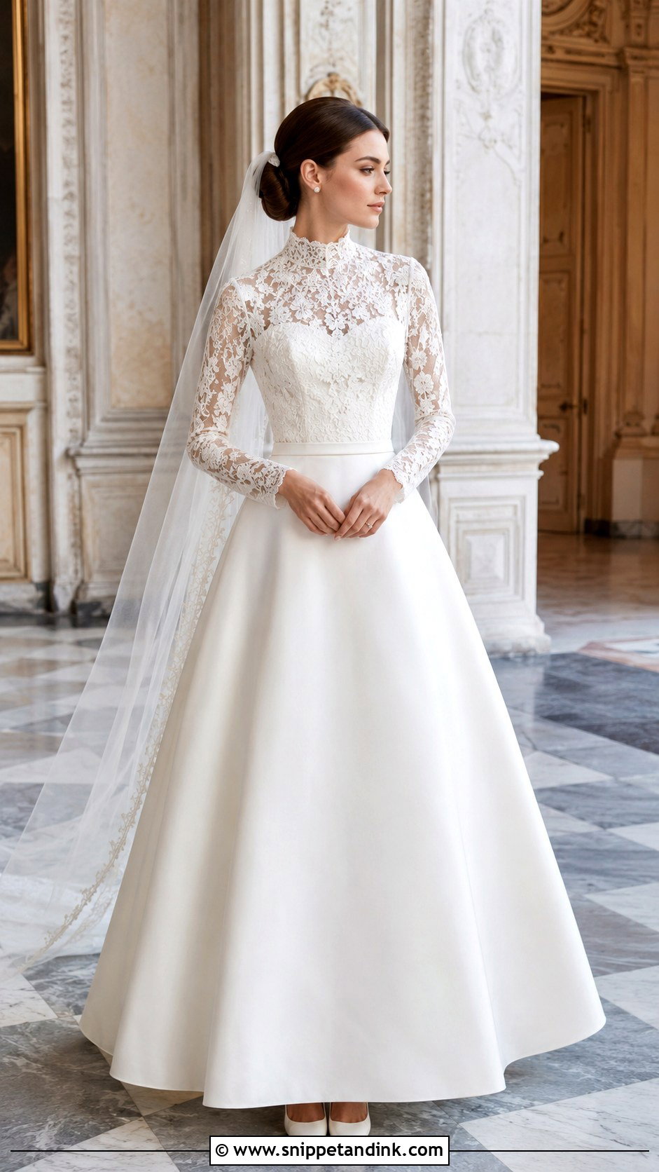 High Neck Bridal Dress With Lace Sleeves - Snippet and Ink - 20 Bridal Dresses with Sleeves