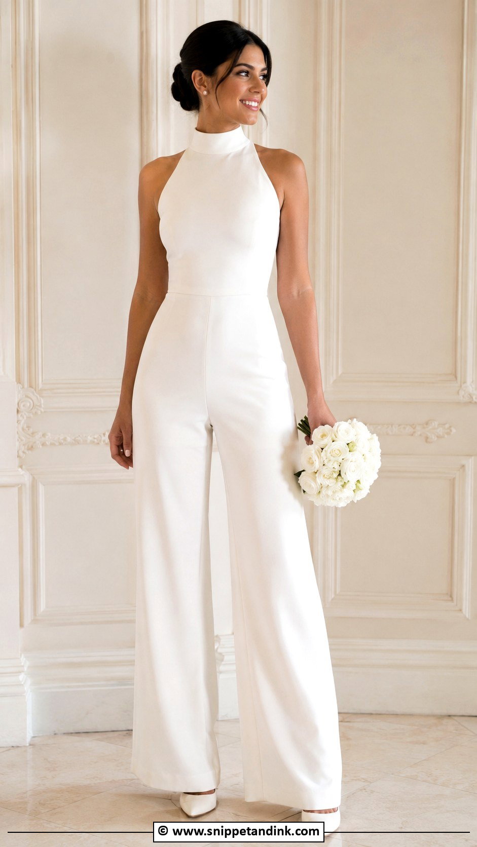 High Neck Bridal Jumpsuit With Pearl Studs - Snippet and Ink - 30 Bridal Jumpsuit Ideas