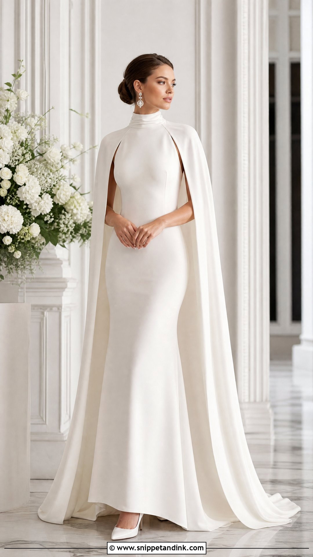 High Neck Bride Cape With Sleek Wedding Dress - Snippet and Ink - 25 Bride Cape Ideas