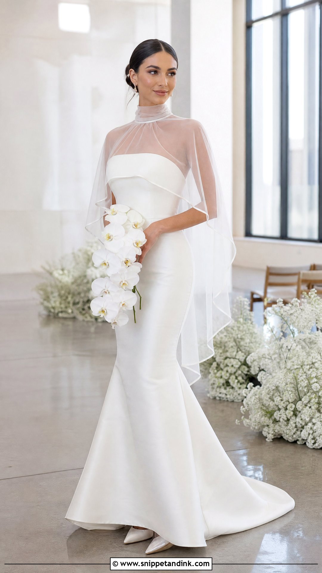 High Neck Capelet With Mermaid Wedding Dress - Snippet and Ink - 20 Wedding Dress Capelet Ideas