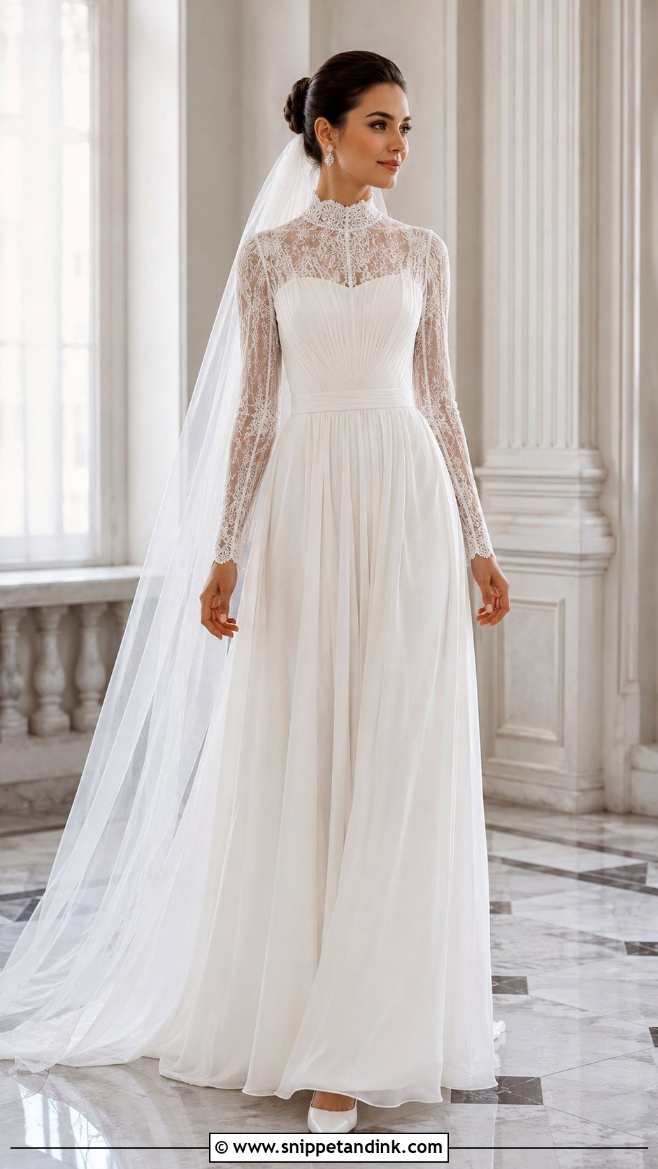 High Neck Chiffon Long Sleeve Wedding Dress - Snippet and Ink - 20 Long Sleeve Flowy Wedding Dress Ideas