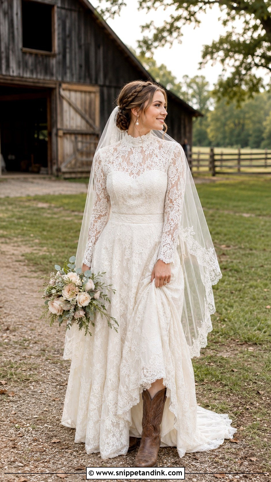 High Neck Country Wedding Gown With Vintage Cowboy Boots - Snippet and Ink - 20 Country Wedding Gowns