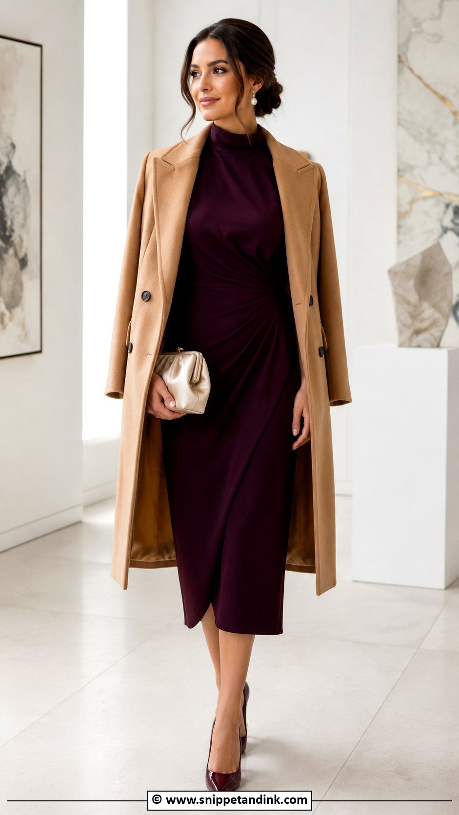 High Neck Crepe Dress With Pearl Earrings - Snippet and Ink - 35 Winter Wedding Dress Ideas