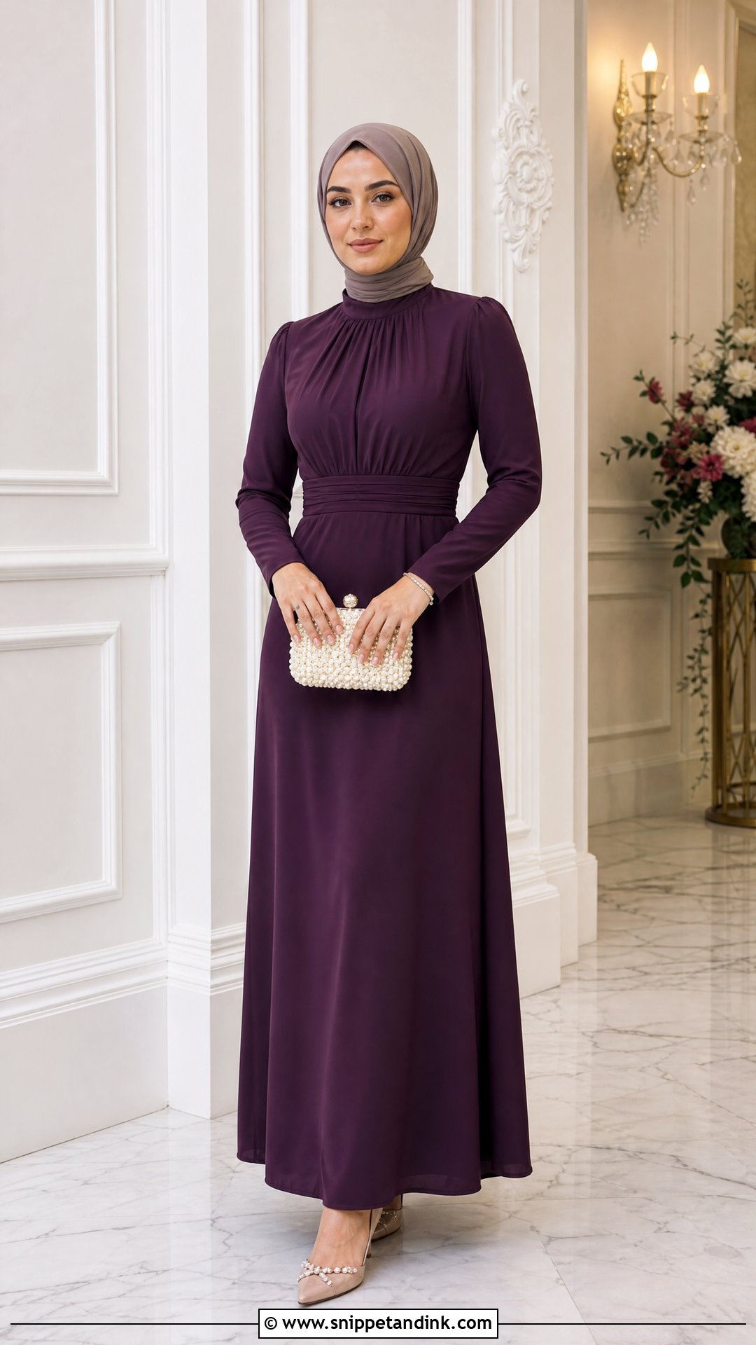 High Neck Dress With Pearl Accessories - Snippet and Ink - 25 Dresses to Wear to a Wedding Hijab