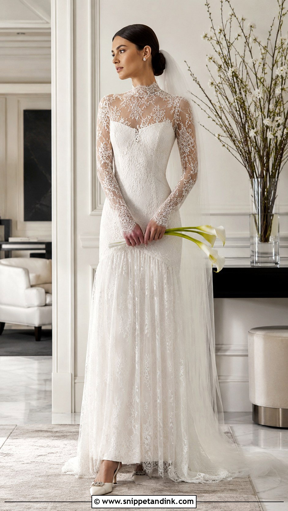 High Neck Drop Waist Lace Wedding Dress - Snippet and Ink - 20 Drop Waist Lace Wedding Dress Ideas