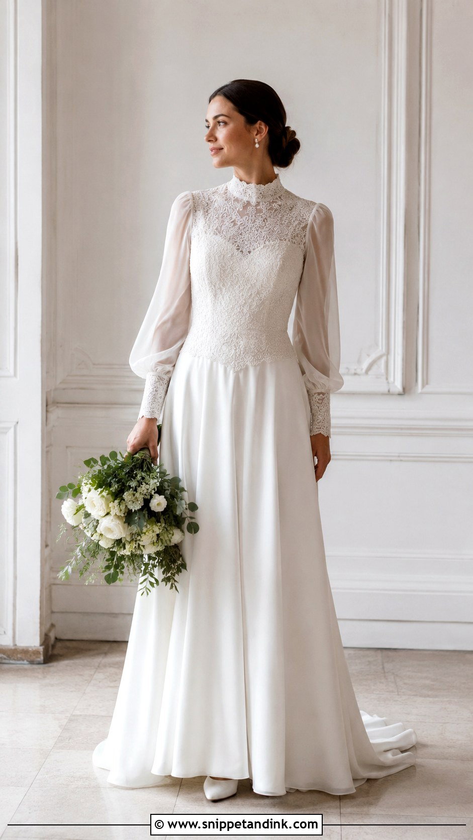High Neck Drop Waist Wedding Dress With Bishop Sleeves - Snippet and Ink - 20 Drop Waist Wedding Dress with Sleeves