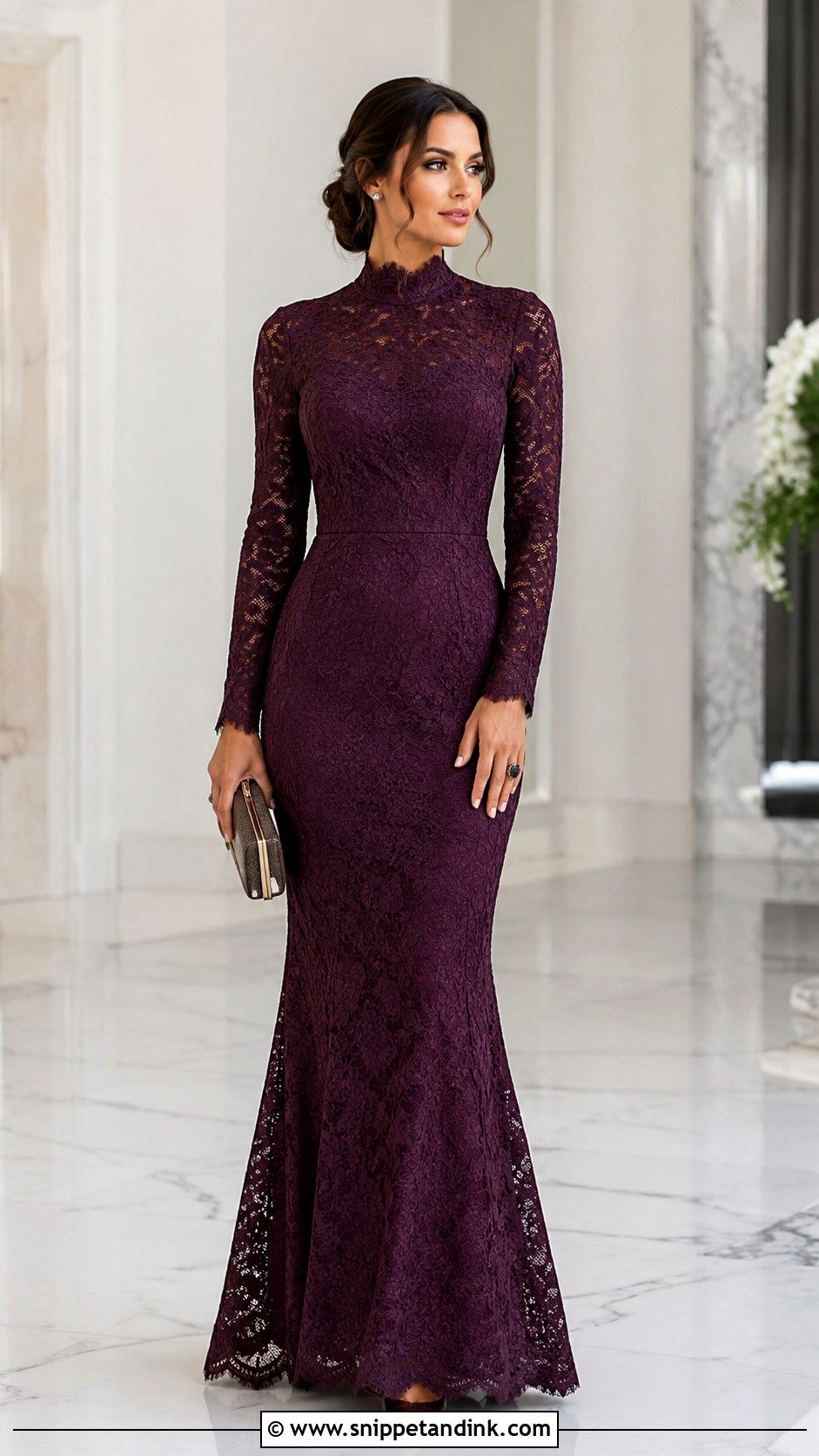 High Neck Dry Lace Long Gown - Snippet and Ink - 20 Dry Lace Gown Styles