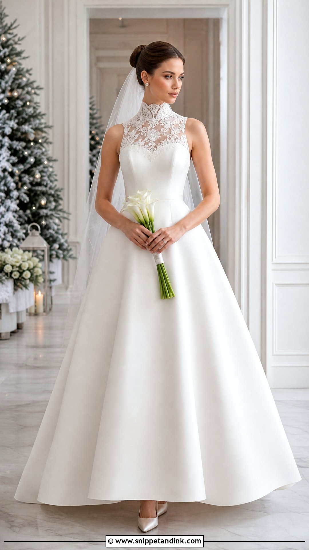 High Neck Fit And Flare Wedding Dress With Sleek Bun - Snippet and Ink - 20 Flare Wedding Dress Ideas