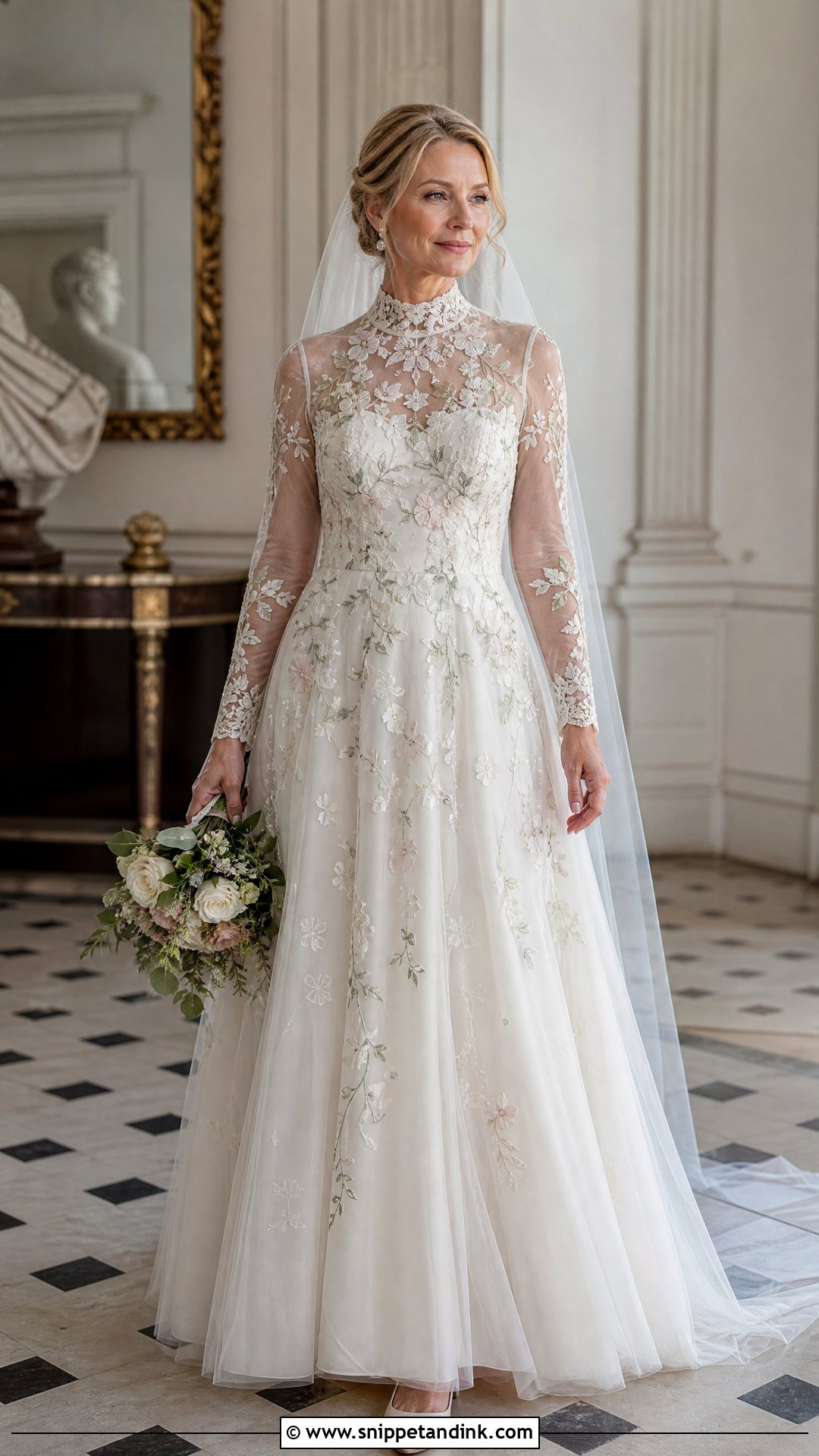 High Neck Floral Embroidered Tulle Wedding Dress - Snippet and Ink - 20 Wedding Dress Floral Embroidery Ideas