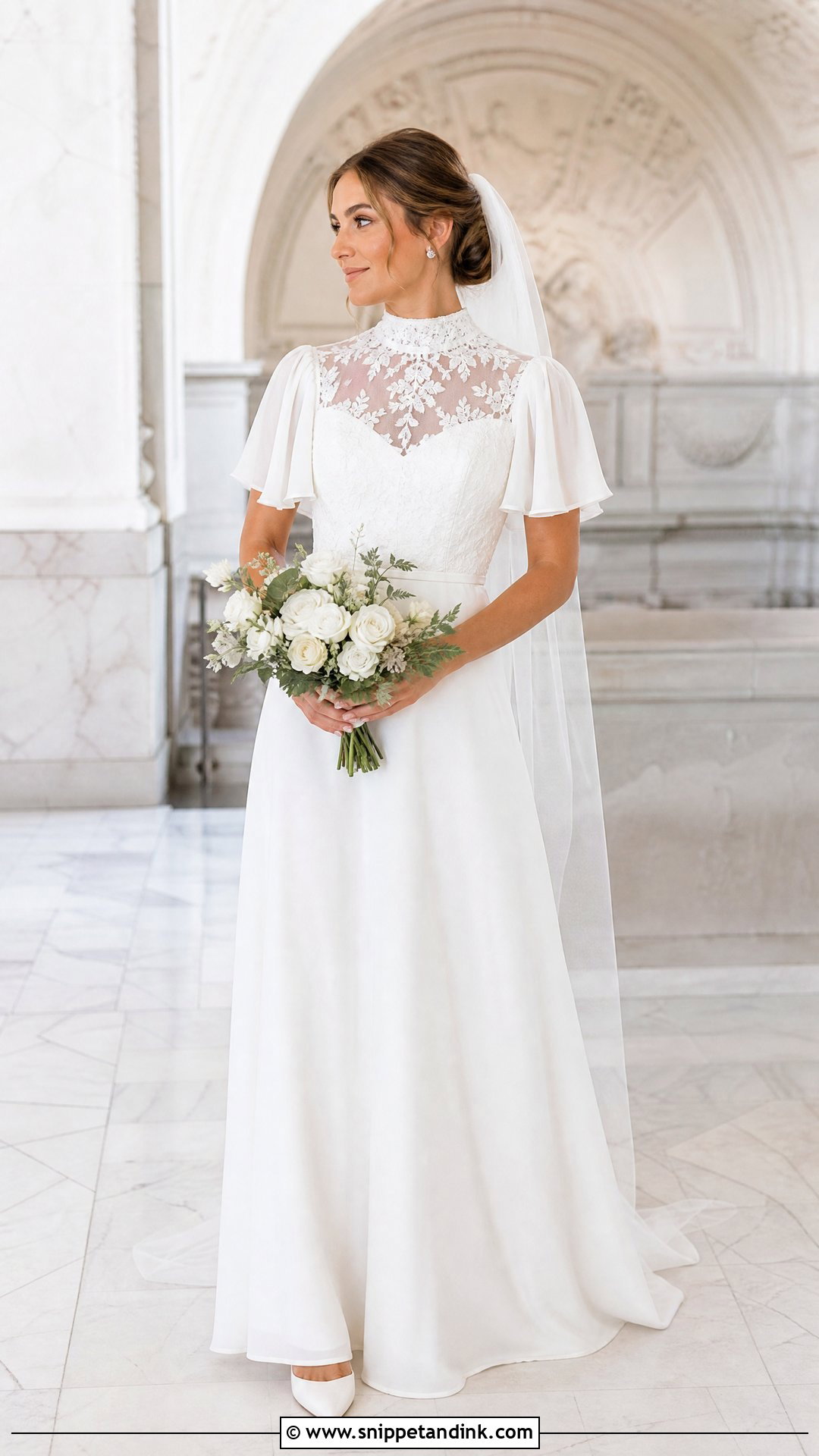 High Neck Flutter Sleeve Wedding Dress - Snippet and Ink - 20 Wedding Dress Flutter Sleeves