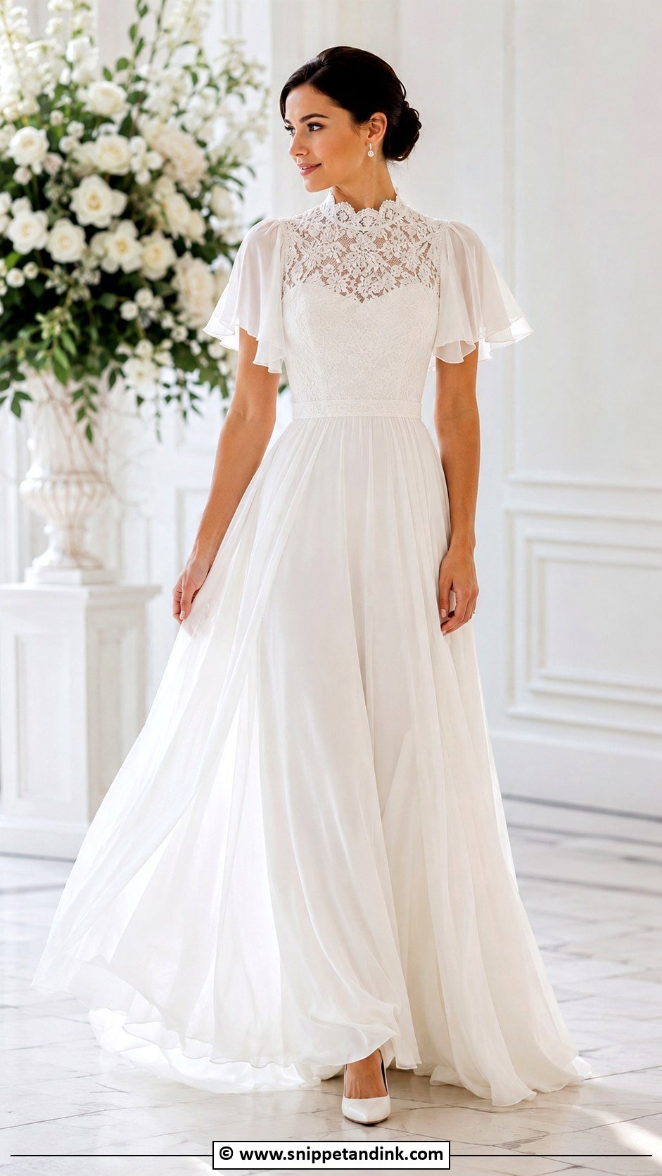 High Neck Flutter Sleeve Wedding Dress - Snippet and Ink - 25 Flutter Sleeve Wedding Dress Ideas