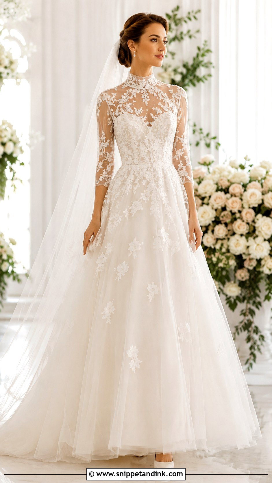 High Neck Illusion 34 Sleeve Wedding Dress - Snippet and Ink - 20 34 Sleeve Wedding Dress Ideas