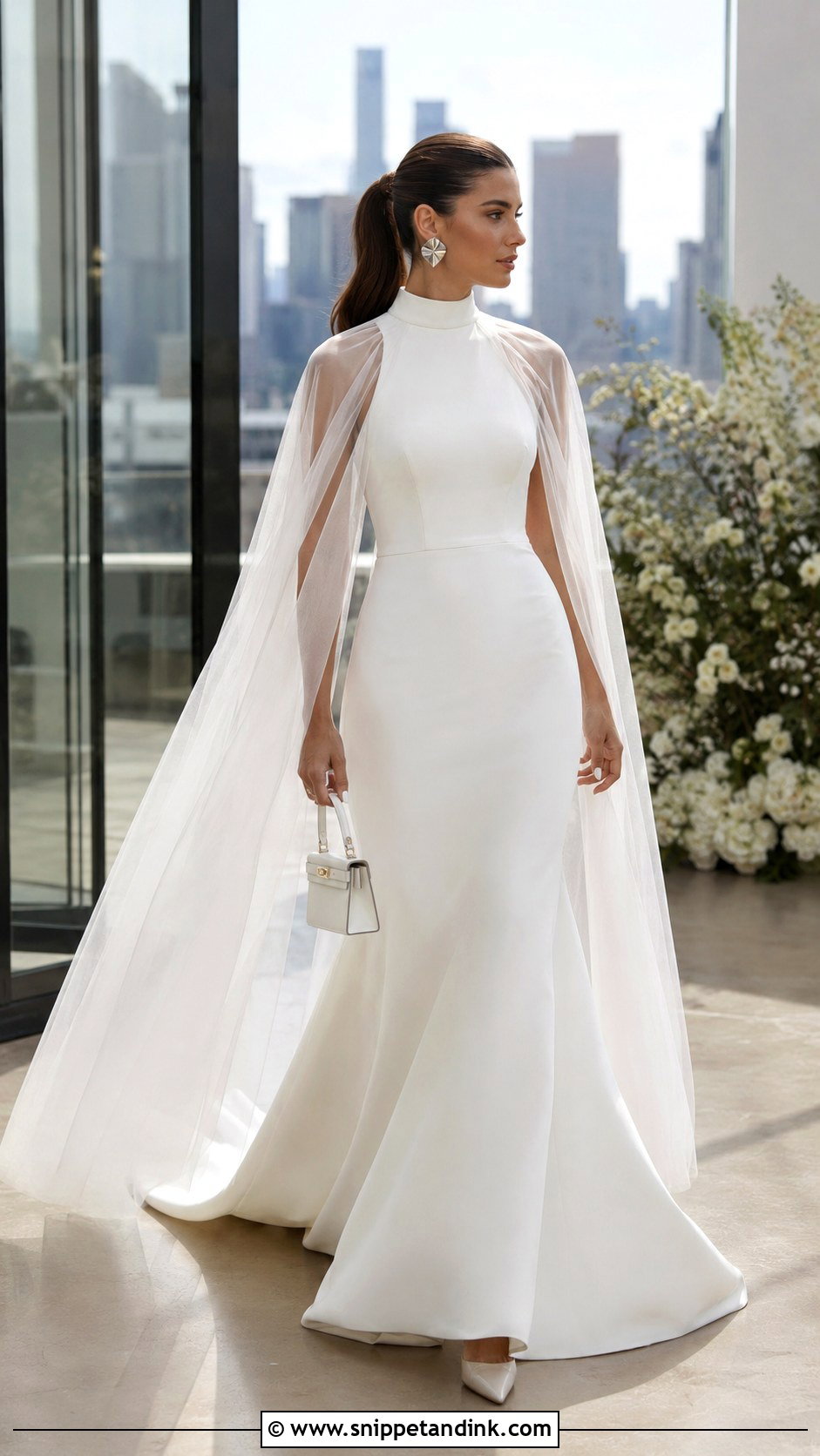 High Neck KYHA Wedding Dress With Statement Earrings - Snippet and Ink - 20 Khya Studios Wedding Dress Ideas