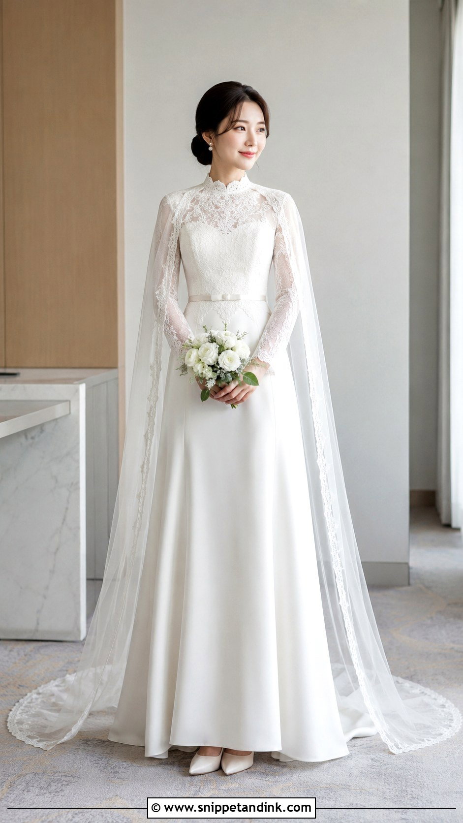 High Neck Korean Bridal Dress With Sleeves - Snippet and Ink - 20 Korean Bridal Dress Ideas