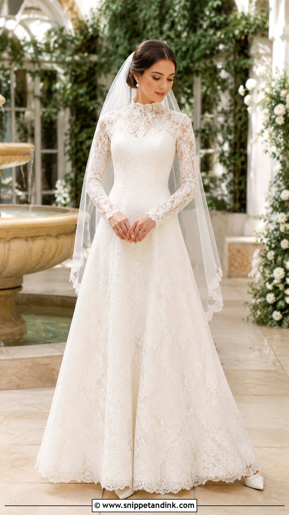 High Neck Lace A Line Wedding Dress - Snippet and Ink - 20 Modest Long Sleeve Wedding Dresses
