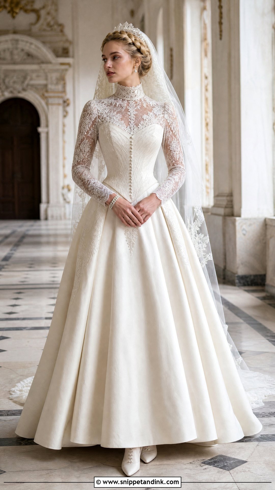 High Neck Lace Basque Waist Wedding Dress - Snippet and Ink - 20 Vintage Basque Waist Wedding Dress Ideas