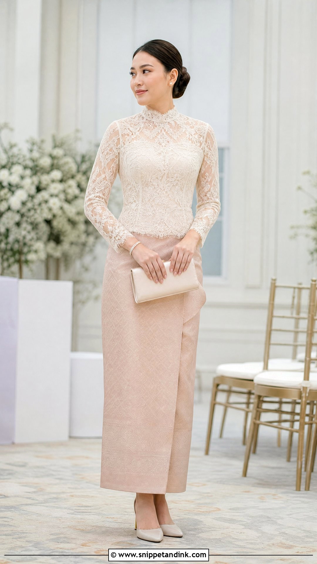 High Neck Lace Blouse and Silk Htamein - Snippet and Ink - 20 Myanmar Wedding Dresses
