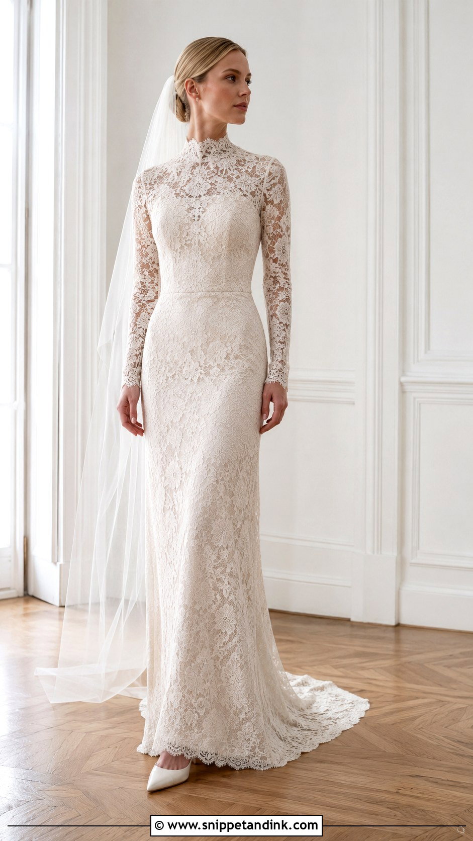 High Neck Lace Column Wedding Dress - Snippet and Ink - 20 Modern Romantic Wedding Dress Ideas