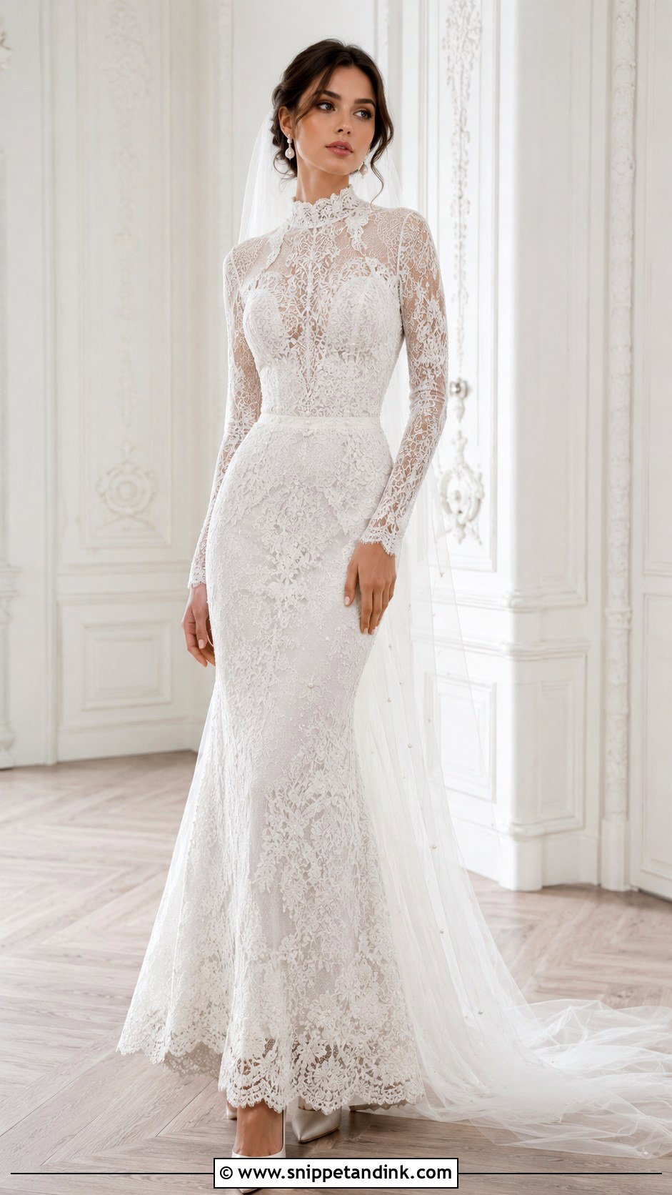 High Neck Lace Dress With Pearl Details - Snippet and Ink - 25 High Neck Lace Wedding Dress Ideas