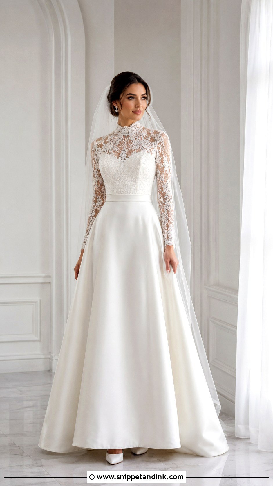 High Neck Lace Dress With Satin Skirt - Snippet and Ink - 25 High Neck Lace Wedding Dress Ideas
