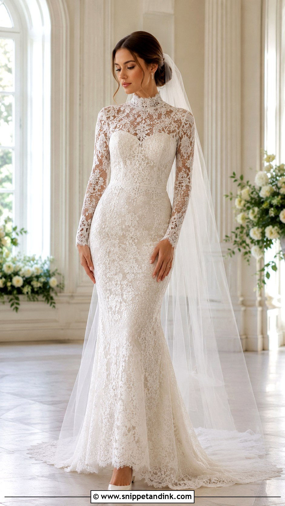 High Neck Lace Dress With Simple Veil - Snippet and Ink - 25 High Neck Lace Wedding Dress Ideas