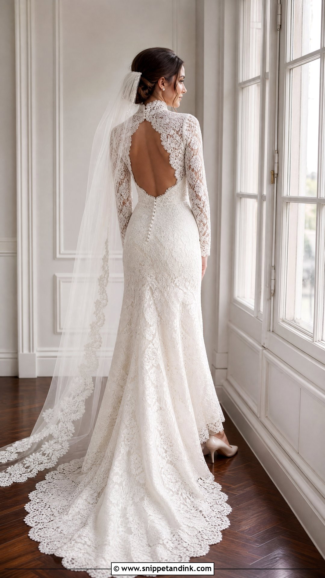 High Neck Lace Long Sleeve Backless Wedding Dress - Snippet and Ink - 25 Long Sleeve Backless Wedding Dress Ideas