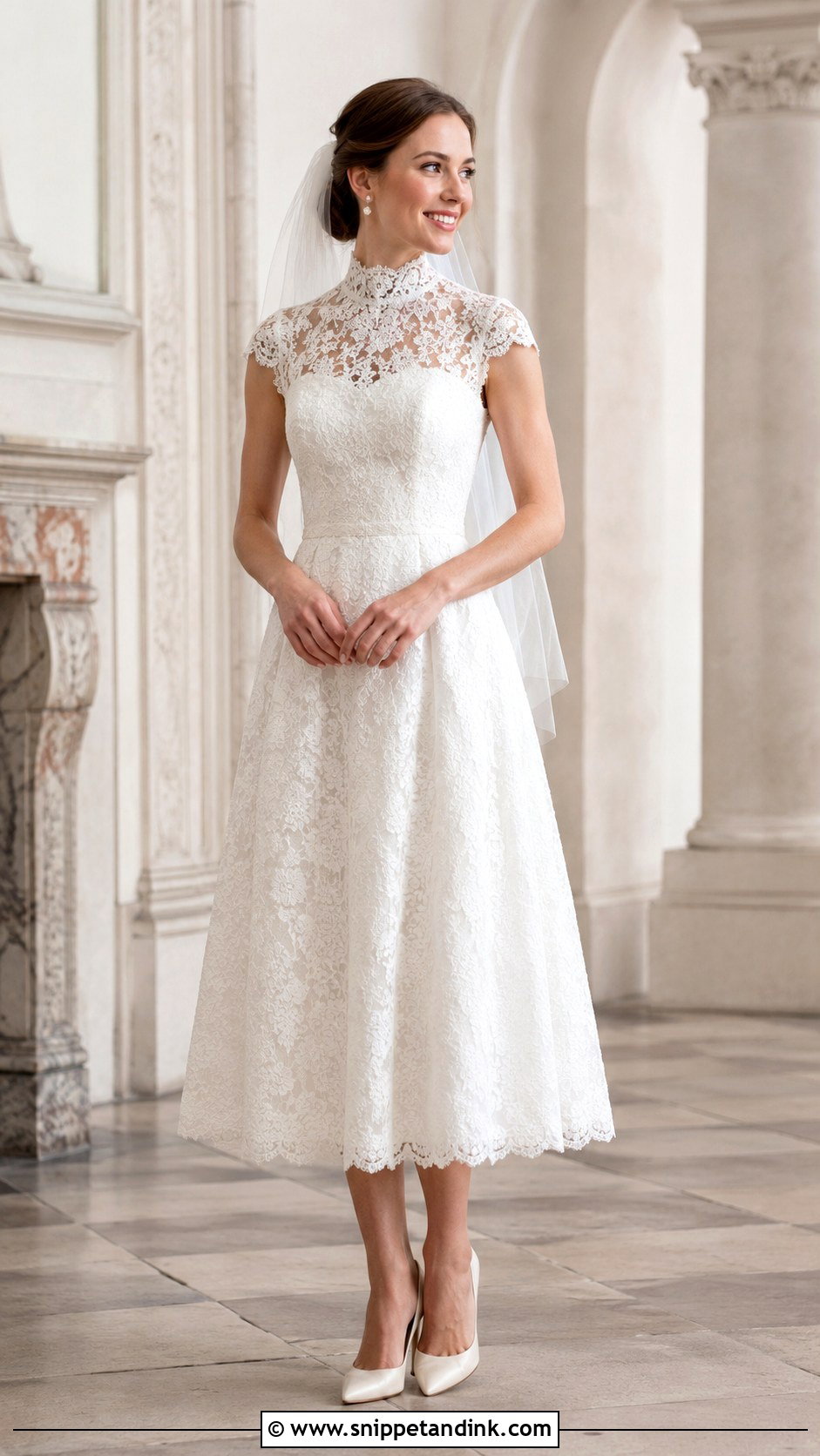 High Neck Lace Midi Wedding Dress - Snippet and Ink - 20 Midi Length Wedding Dress Ideas