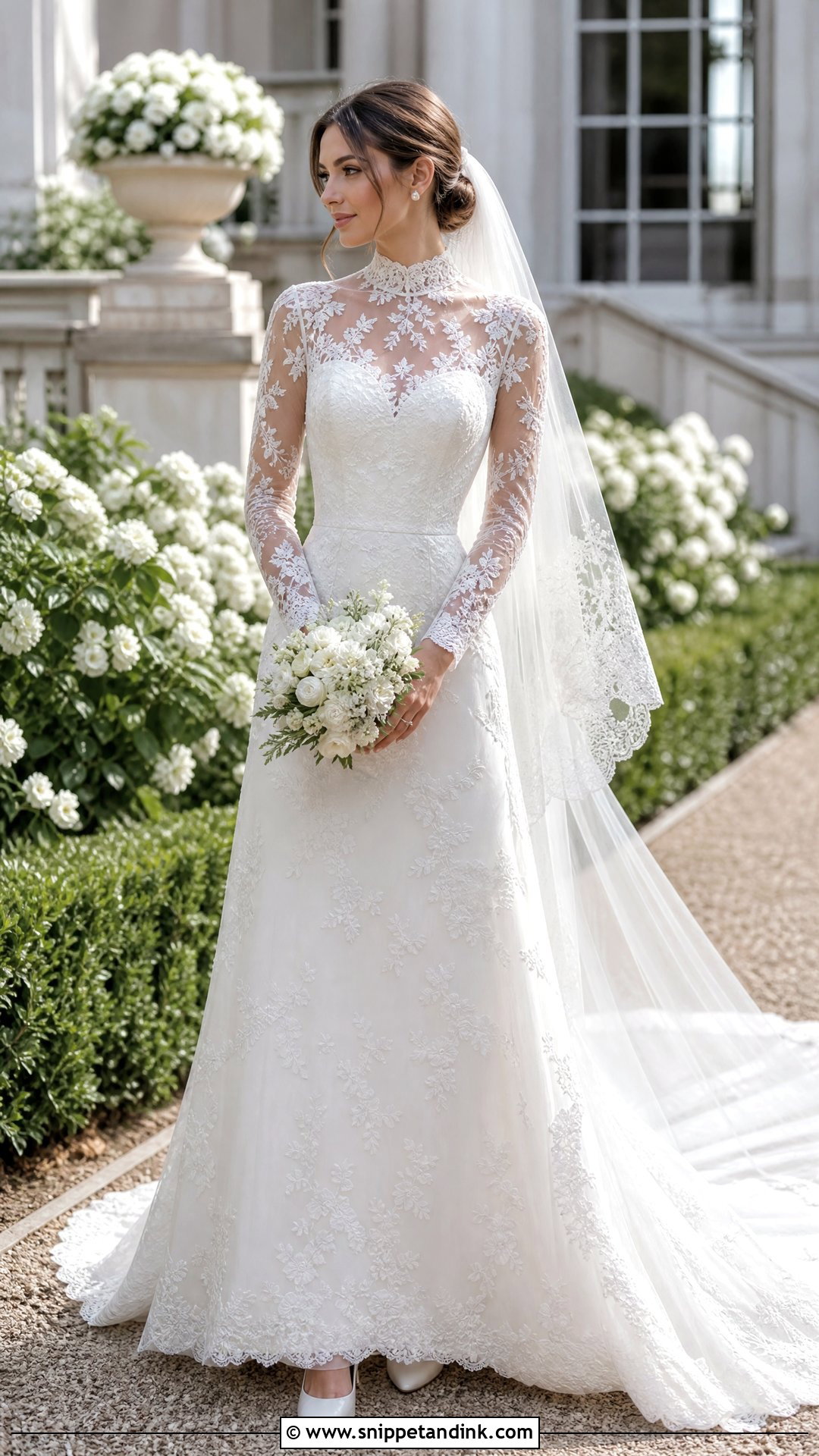 High Neck Lace Sweep Train Wedding Dress - Snippet and Ink - 20 Sweep Train Wedding Dress Ideas