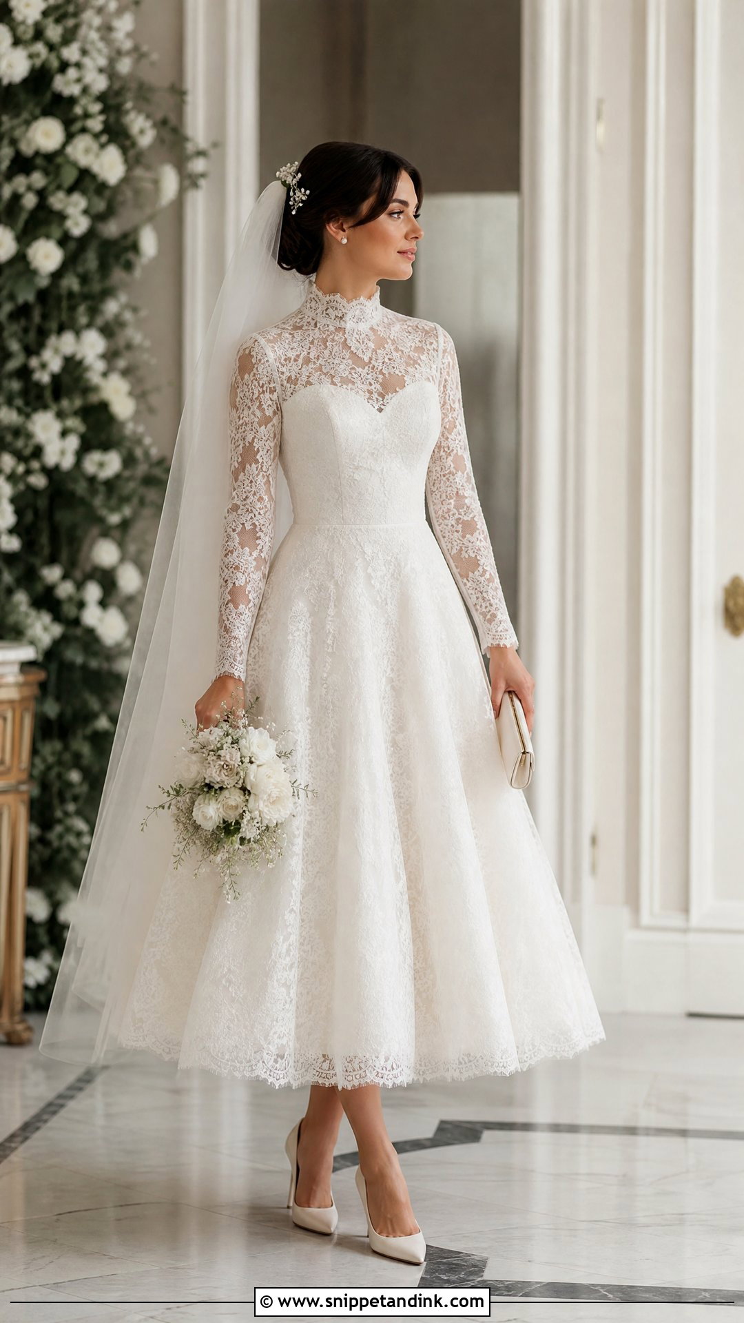 High Neck Lace Tea Length Wedding Dress - Snippet and Ink - 20 Tea Length Wedding Dress with Sleeves