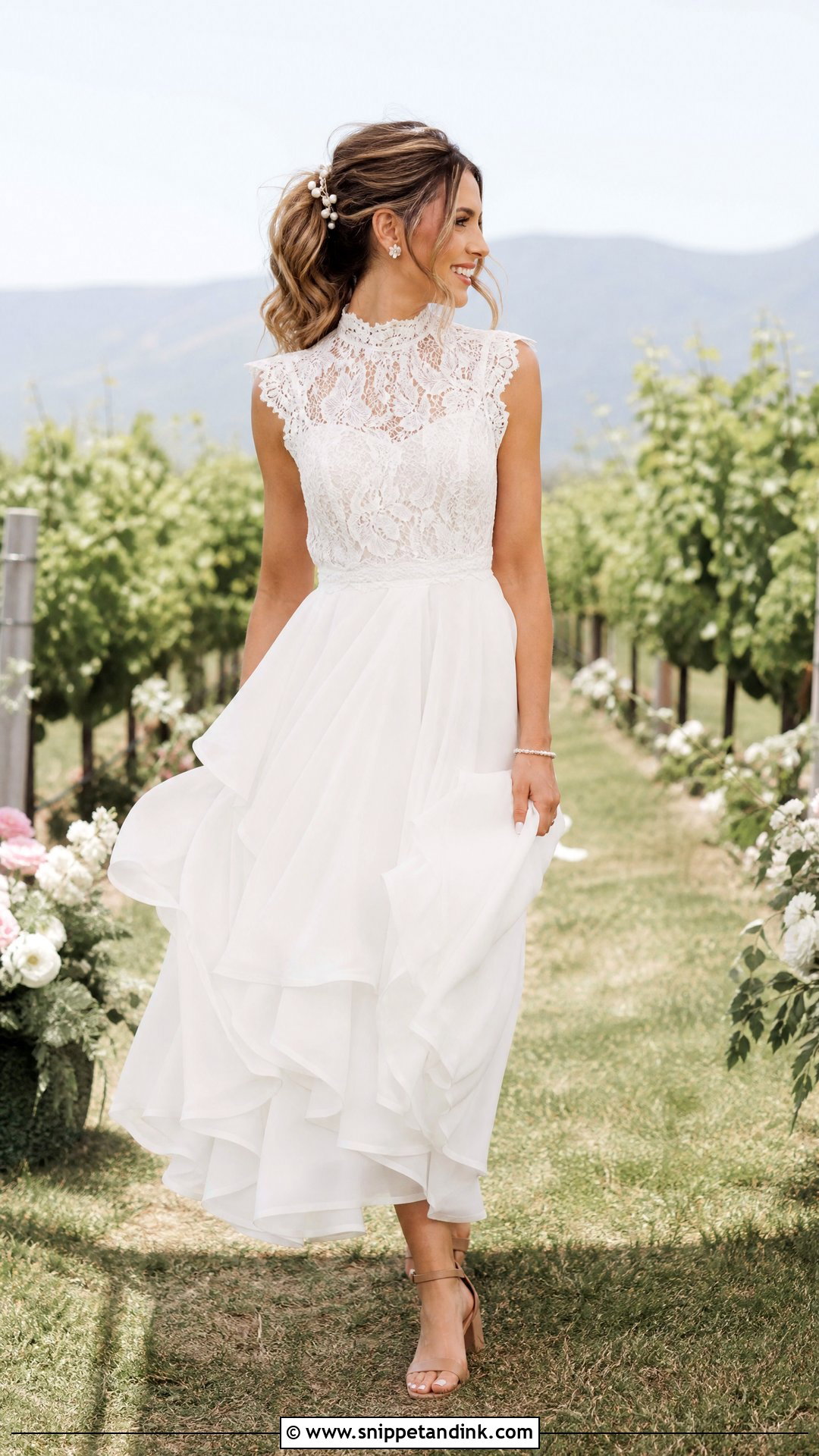 High Neck Lace Top And Chiffon Skirt Wedding Dress - Snippet and Ink - 20 Two Pieces Wedding Dress Ideas