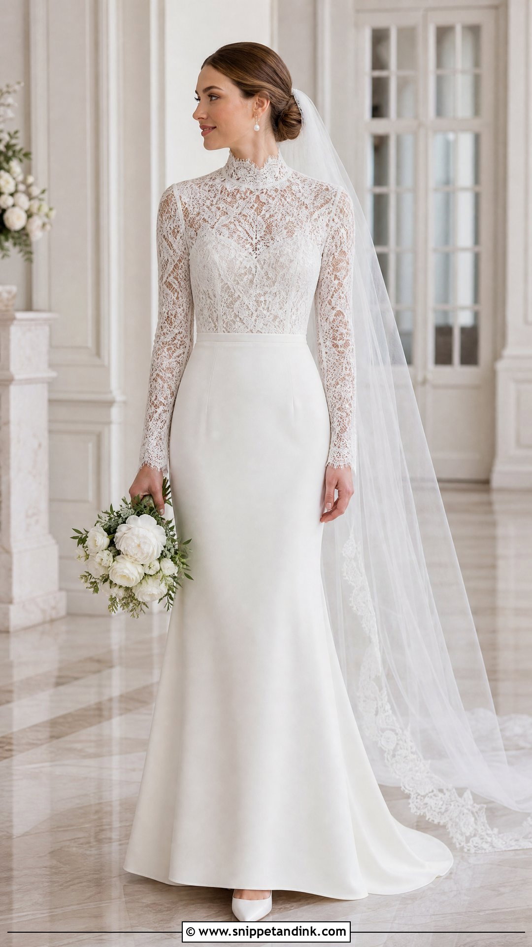 High Neck Lace Top And Crepe Skirt Wedding Dress - Snippet and Ink - 20 Skirt Wedding Dress Ideas
