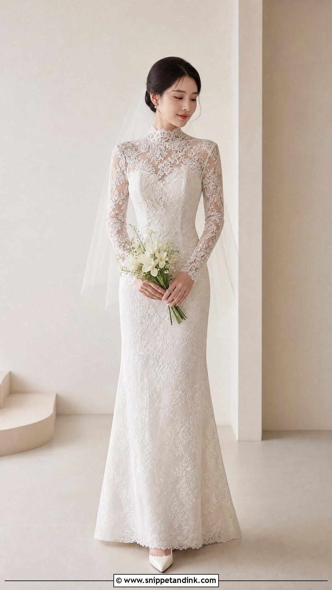 High Neck Lace Wedding Dress - Snippet and Ink - 20 Korean Style Wedding Dresses