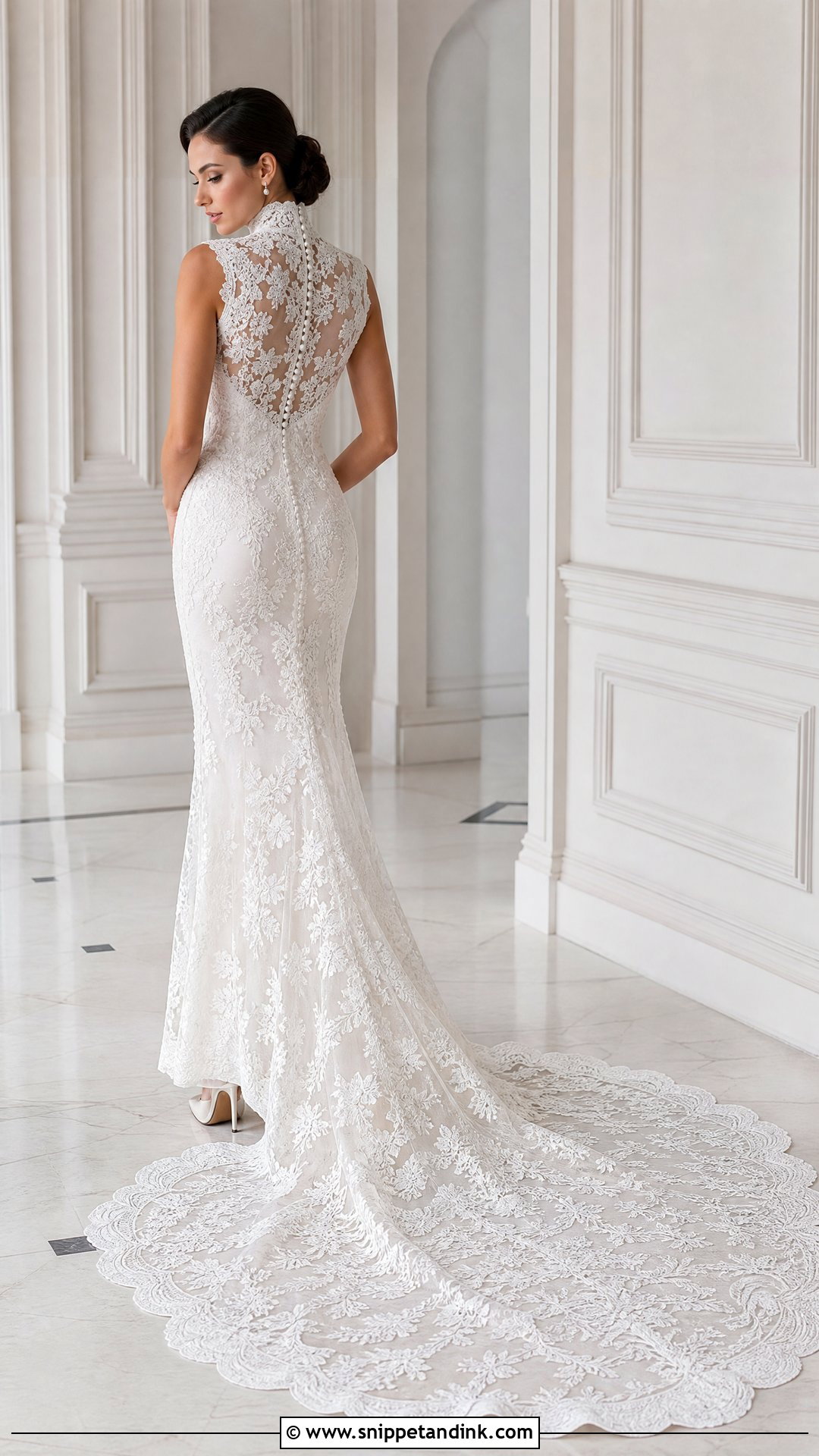High Neck Lace Wedding Dress With Detachable Scalloped Train - Snippet and Ink - 20 Wedding Dress with Detachable Train Ideas