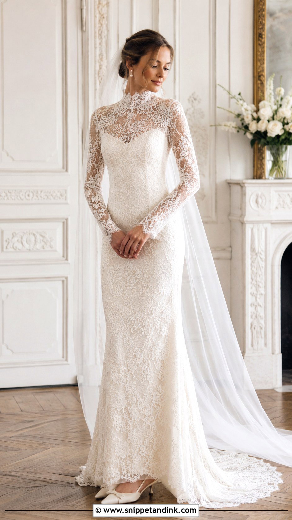 High Neck Lace Wedding Dress With Long Sleeves - Snippet and Ink - 20 Form Fitting Wedding Dress with Sleeves