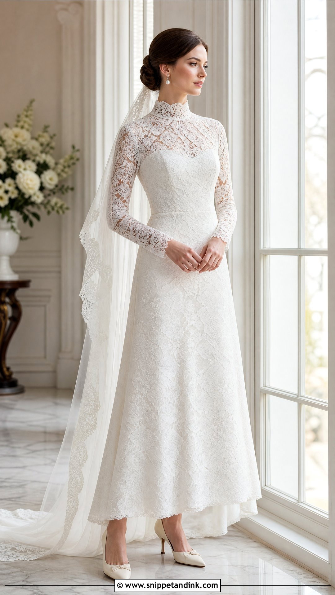 High Neck Lace Wedding Dress With Long Sleeves - Snippet and Ink - 20 Pretty Wedding Dresses with Sleeves
