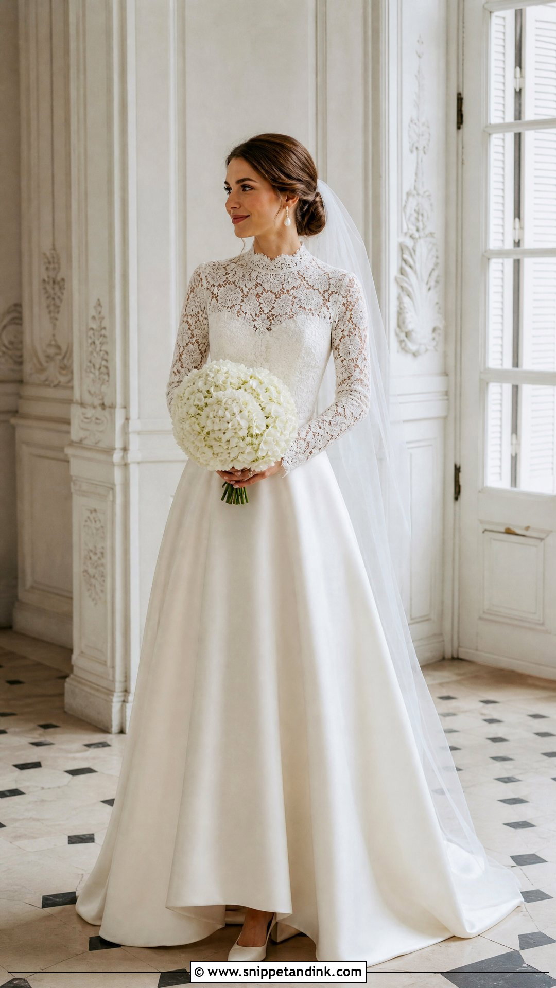 High Neck Lace Wedding Dress With Pearl Earrings - Snippet and Ink - 20 Simple Traditional Wedding Dress Ideas