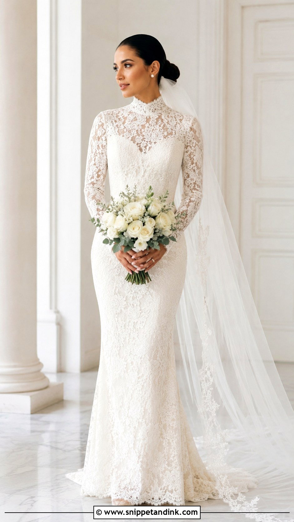 High Neck Latina Wedding Dress With Low Bun - Snippet and Ink - 25 Latina Wedding Dress Ideas